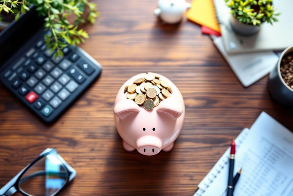 Image d'un cochon tirelire avec des pièces et d'autres objets de bureau