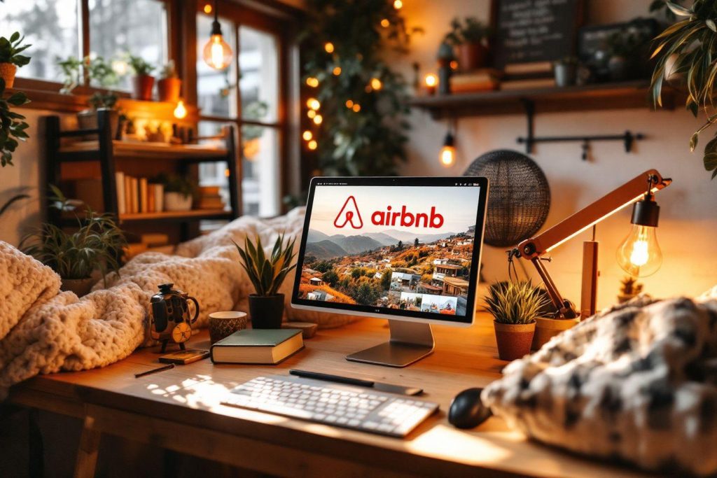 Bureau décoré avec des plantes, des lampes et l'écran d'un ordinateur affichant le logo Airbnb