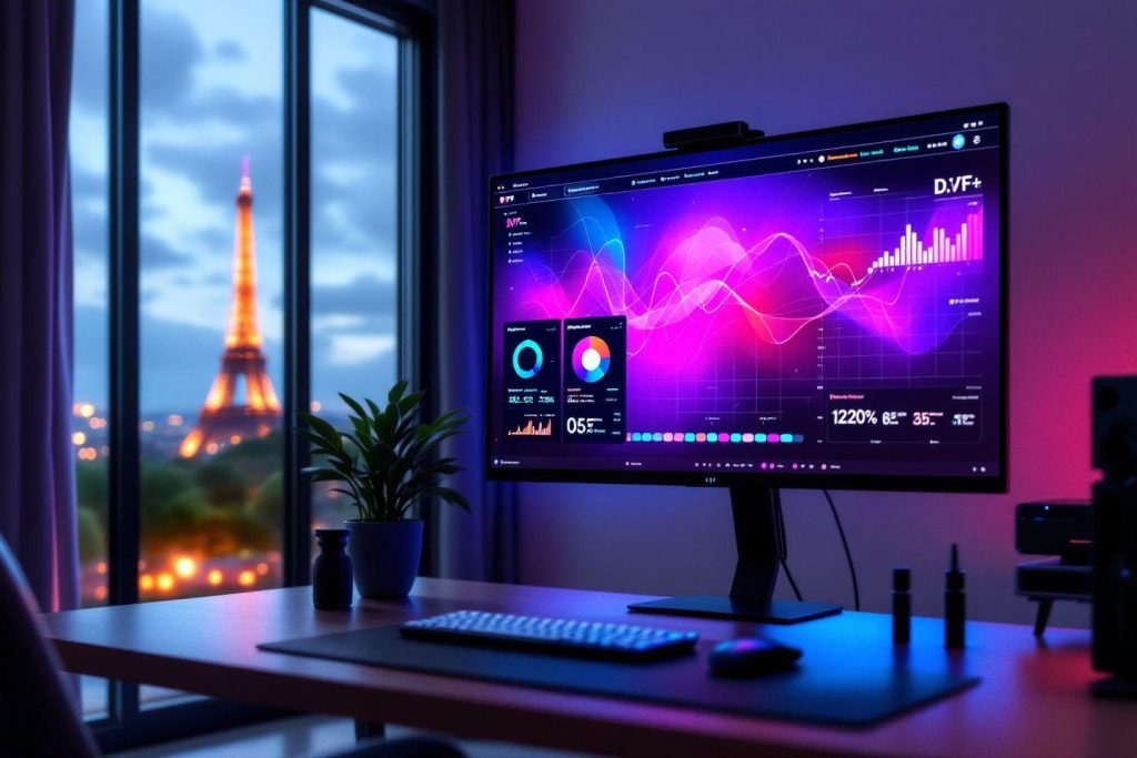 Bureau lumineux avec un écran affichant des données en couleurs vives, vue sur la Tour Eiffel.