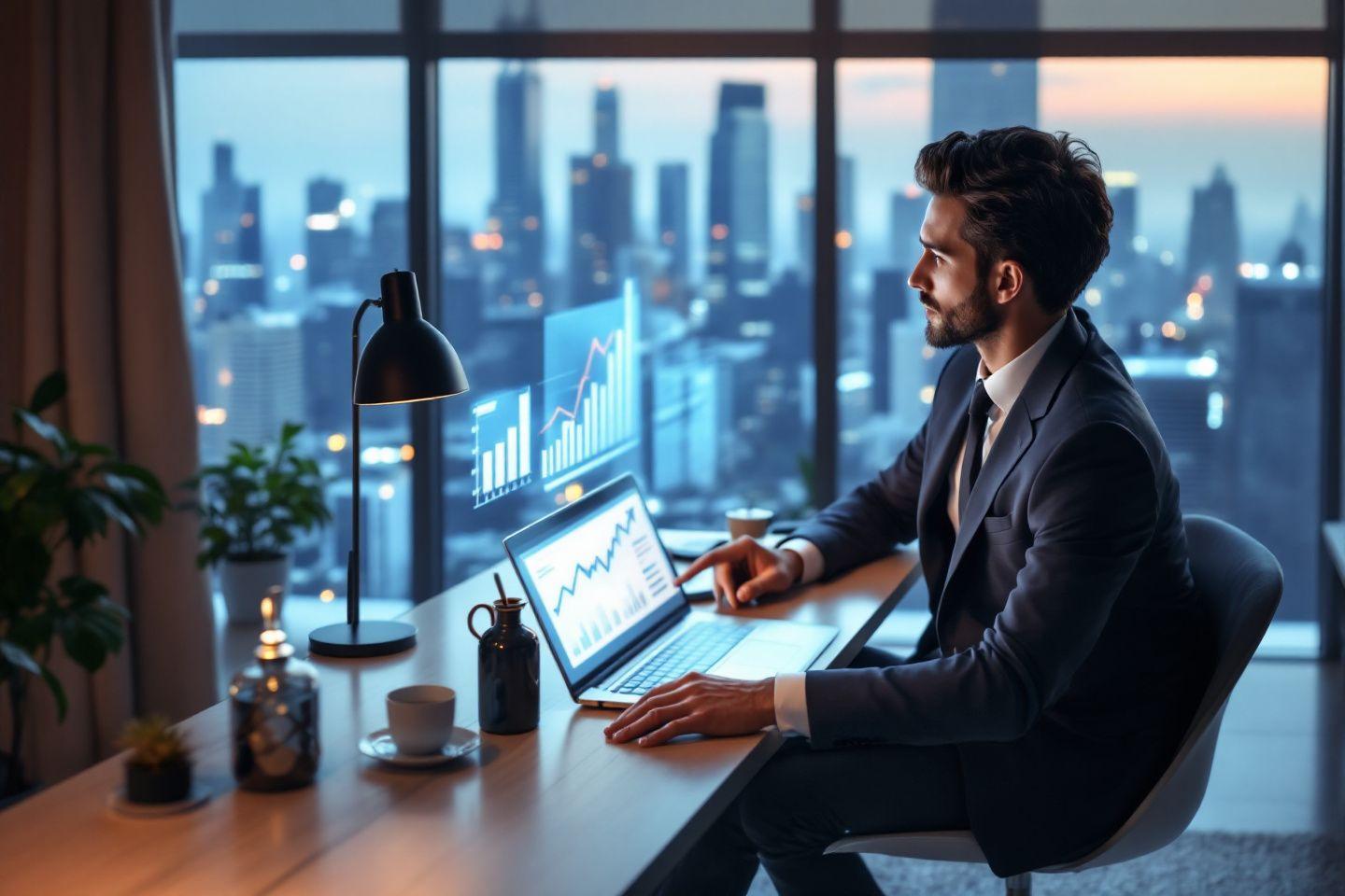 Un homme d'affaires barbu travaille sur son ordinateur portable dans un bureau avec vue sur la ville.