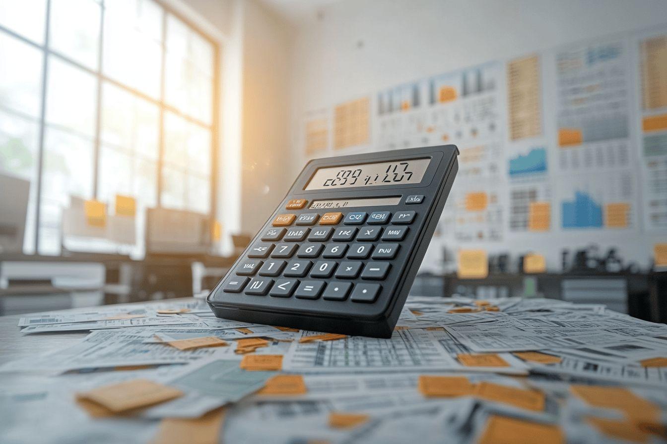Calculatrice sur des documents financiers avec tableaux en arrière-plan