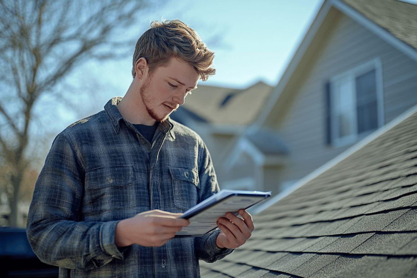 Homme vérifiant des documents sur un toit de maison