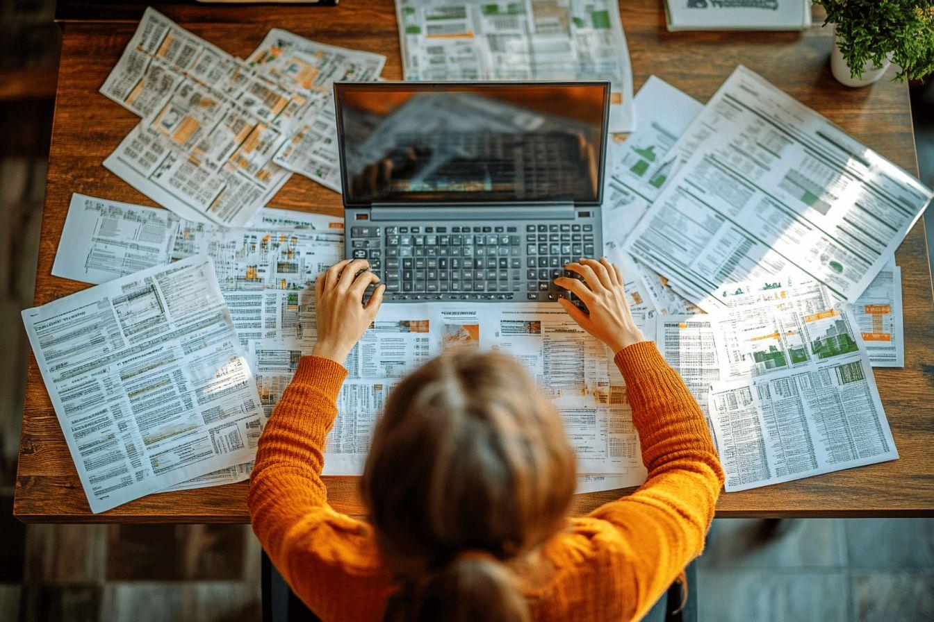 Personne en pull orange travaillant sur des documents avec un ordinateur portable